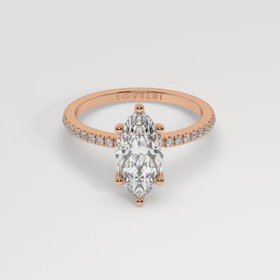 Marquise Cut Diamond Ring set on a Pavé Band in Rose Gold - 360 View