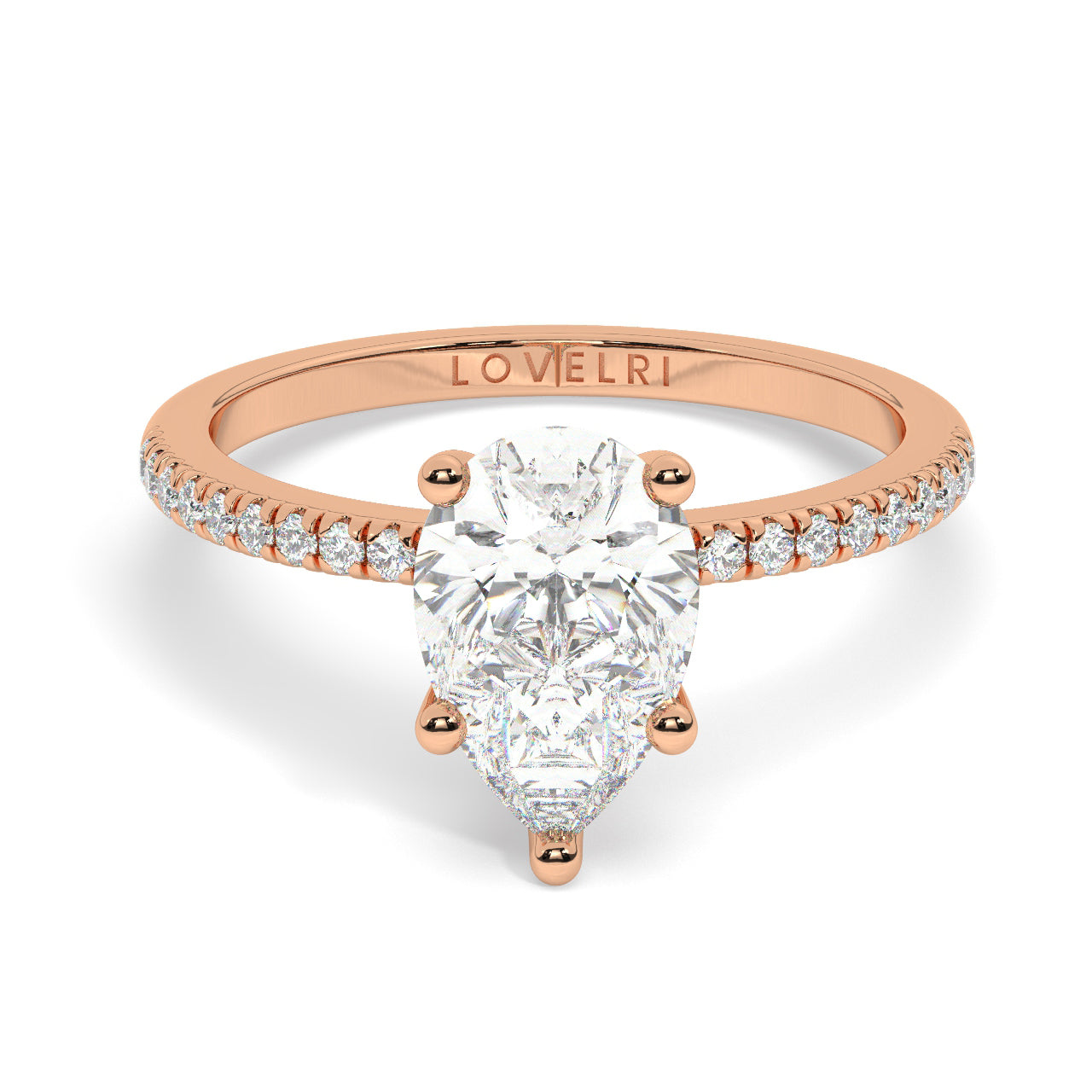 Pear Cut Lab Diamond Ring with a Pave Band on a Rose Gold Setting
