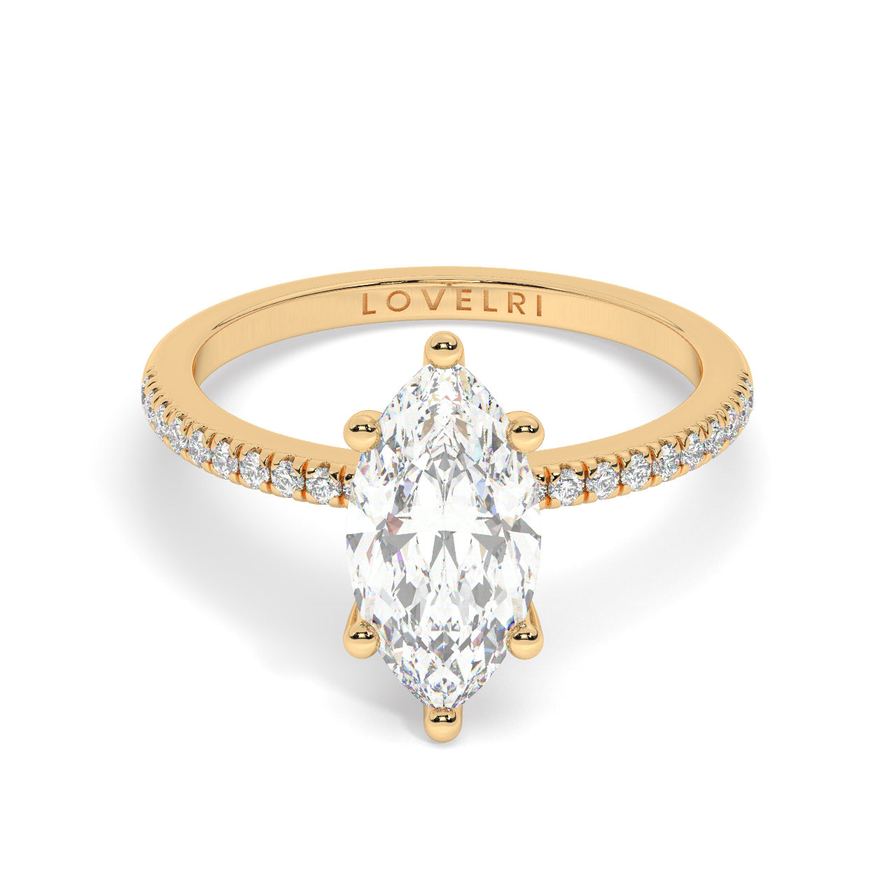 Marquise Cut Diamond Ring set on a Pavé Band in Yellow Gold
