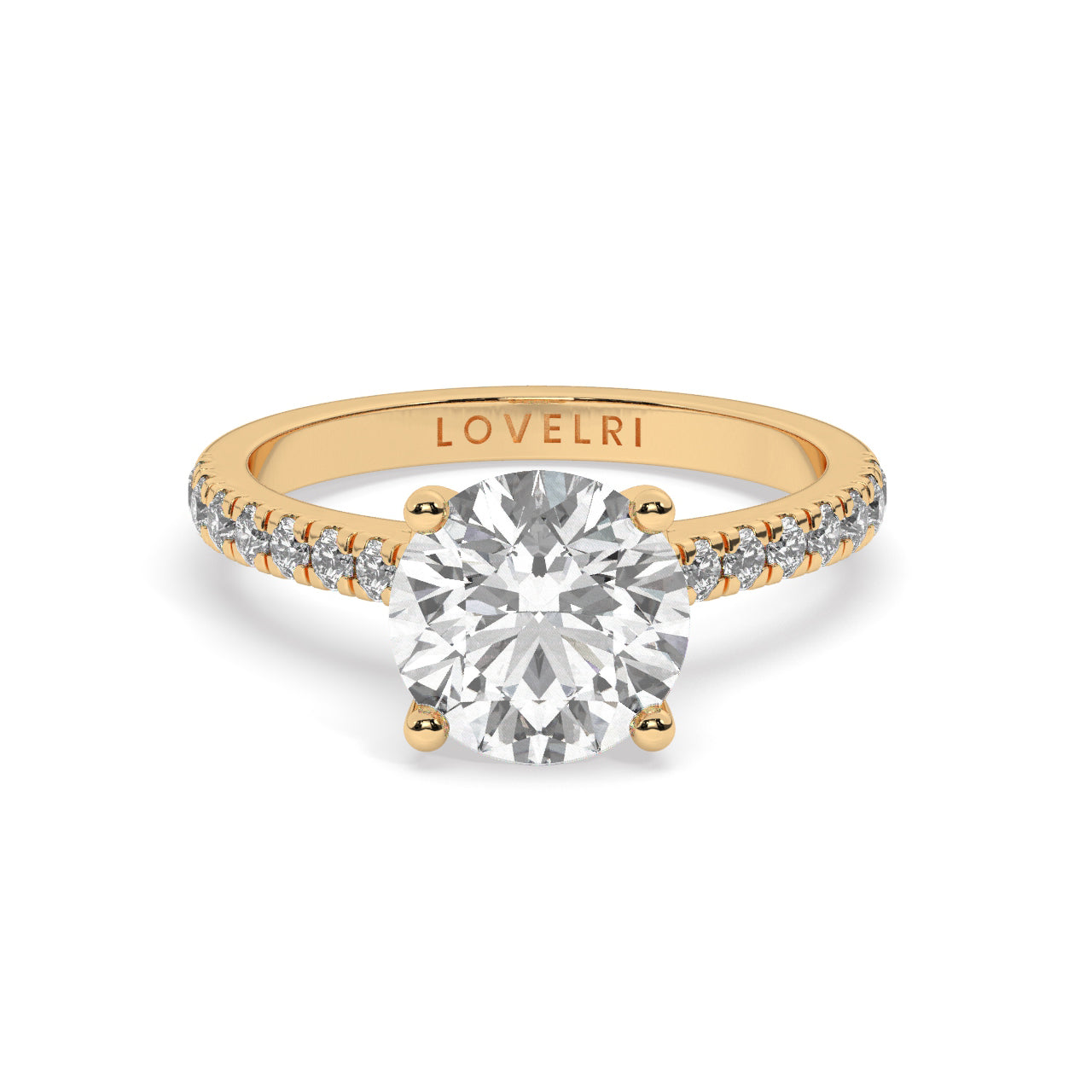 Yellow Gold Round Cut Engagement Ring with a Pavé Band and a Hidden Stone