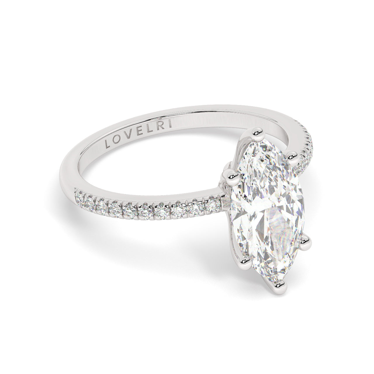 Marquise Cut Diamond Ring set on a Pavé Band in White Gold - Rotated View