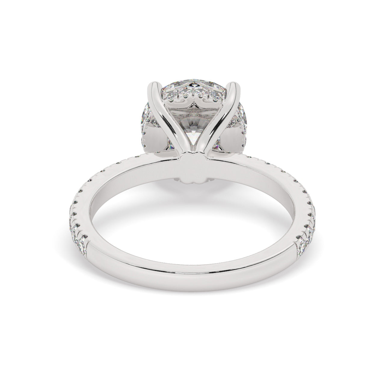 Platinum Round Cut Engagement Ring on a Pavé Band with a Hidden Halo - Back View