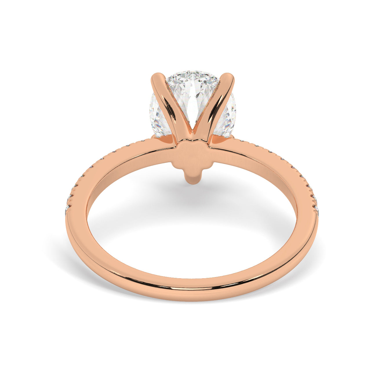 Pear Cut Lab Diamond Ring with a Pave Band on a Rose Gold Setting - Back View