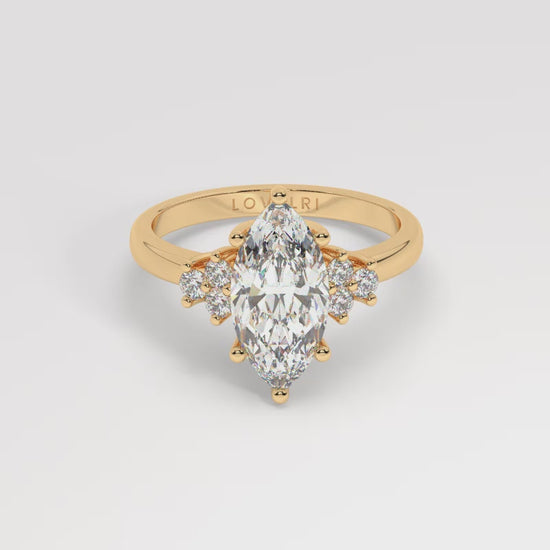 Yellow Gold Marquis Cut Engagement Ring Accompanied by Round Stones - 360 View