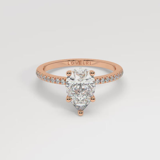Pear Cut Lab Diamond Ring with a Pave Band on a Rose Gold Setting - 360 View