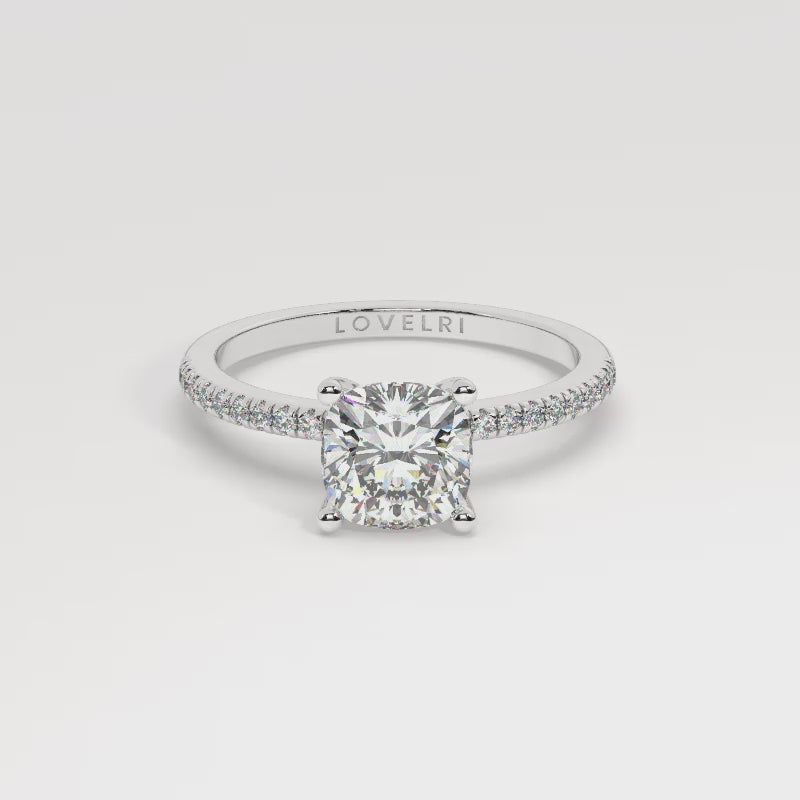 Round Cut Diamond Ring set on a Pavé Band in White Gold - 360 View