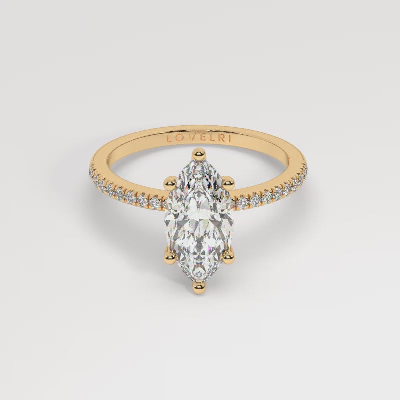Marquise Cut Diamond Ring set on a Pavé Band in Yellow Gold - 360 View
