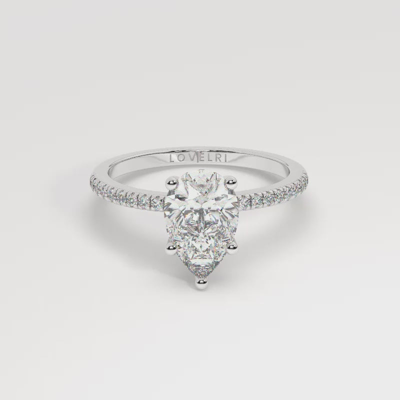 Pear Cut Lab Diamond Ring with a Pave Band on a Platinum Setting - 360 View