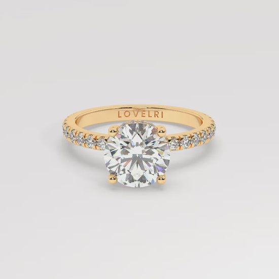 Yellow Gold Round Cut Engagement Ring on a Pavé Band with a Hidden Halo - 360 View
