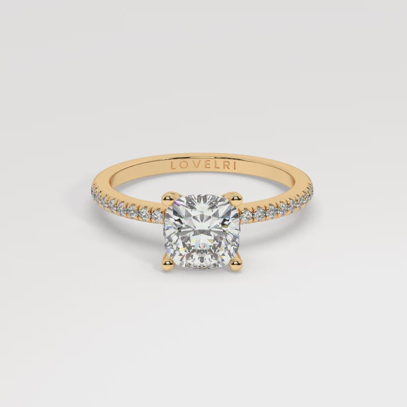 Round Cut Diamond Ring set on a Pavé Band in Yellow Gold - 360 View